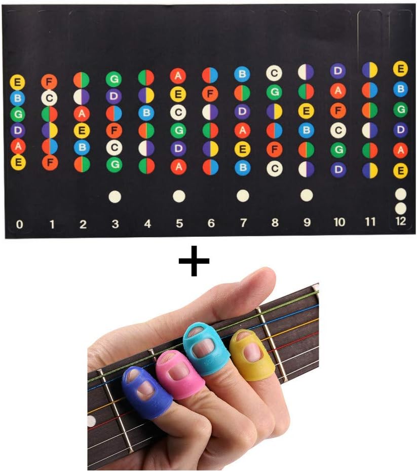 FIVE BEE Guitar Training Set- Includes 2pcs Color Coded Fretboard Fret Map Note Stickers and 12pcs Guitar Finger Protectors for Beginner/Learning Guitar | Standard Edition