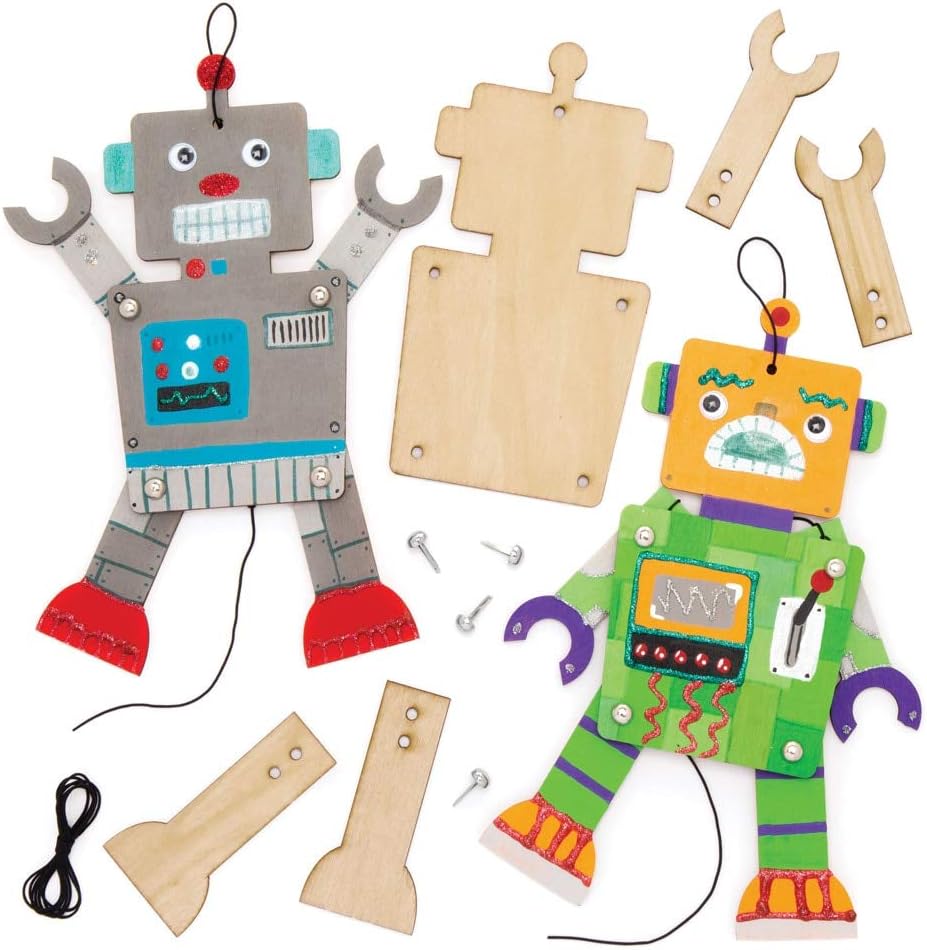 Baker Ross- Kits de marionetas de madera con forma de robot (Pack de 4) Robots con brazos y piernas móviles -manualidades infantiles para crear