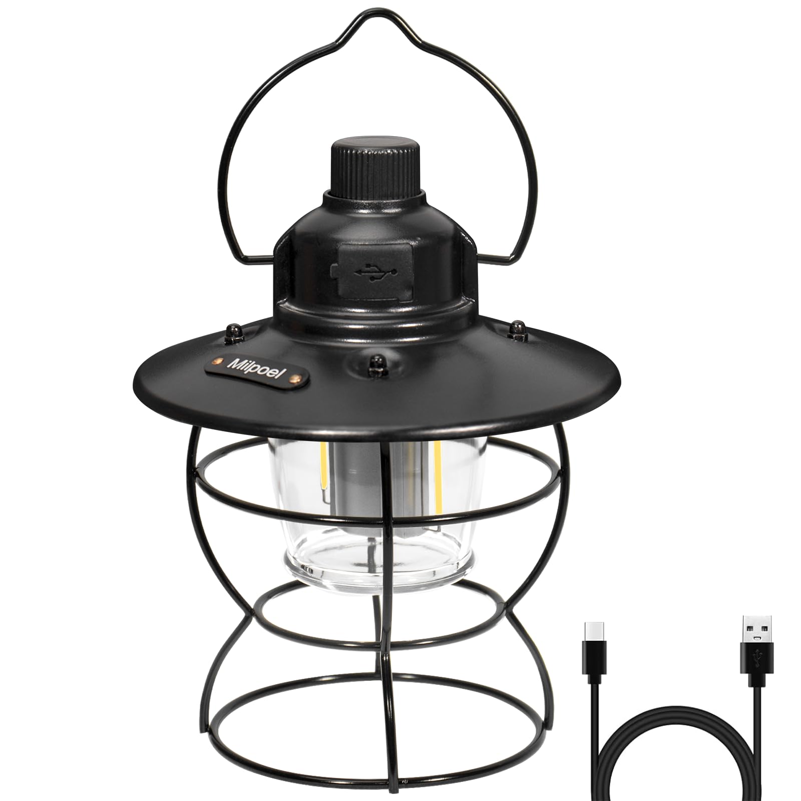 Milpoel Camping Lantern Rechargeable, Camping Light Dimmable 3 Modes for Tents, 2000mAh USB-C Charging, Decorations Function for Garden Outdoor Camping, Hiking (Black)