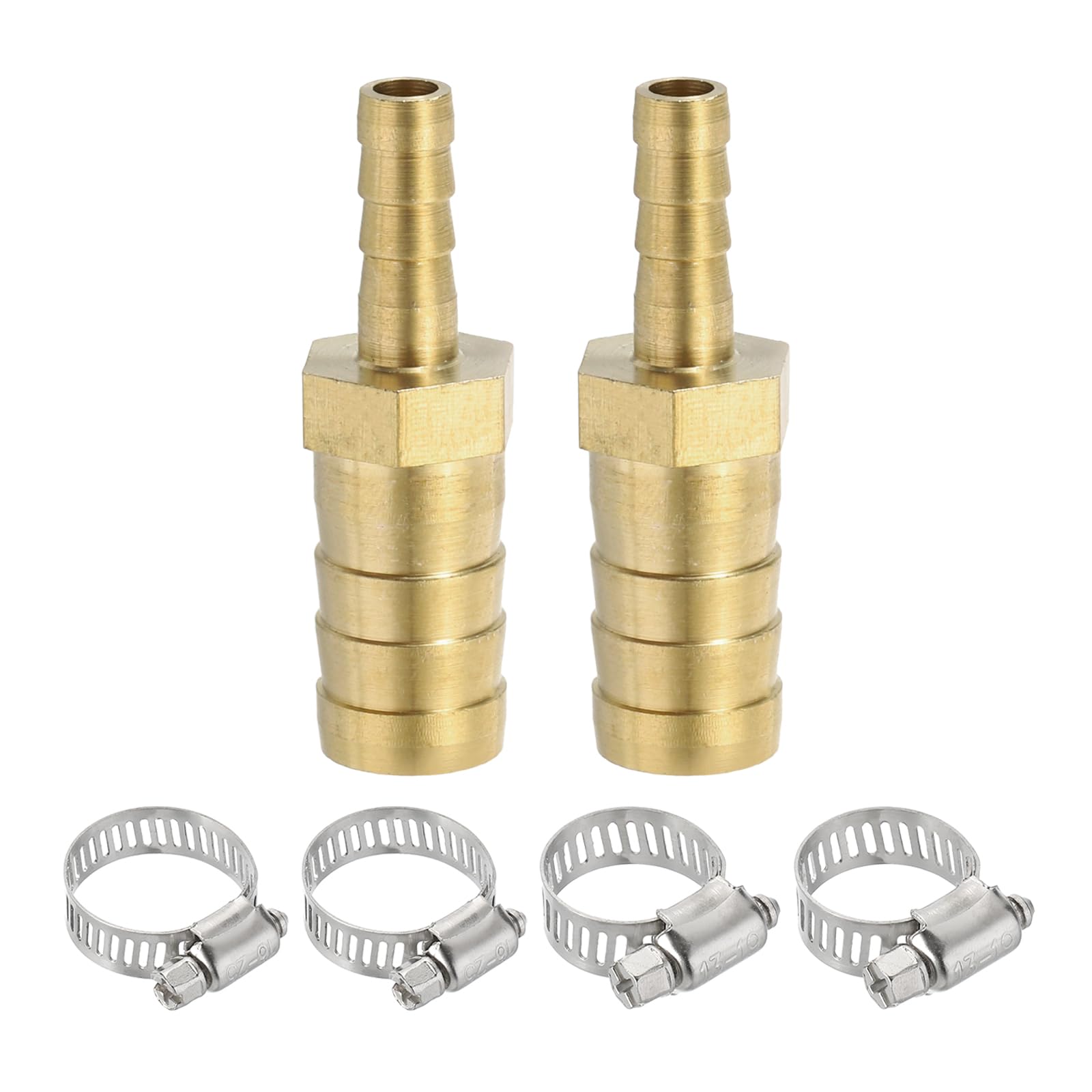 PATIKIL 1/4" to 1/2" Brass Hose Barb Reducer, 2Pcs Barbed Hose Fittings with 4 Stainless Steel Clamps Reducing Splicer Mender Union Adapter for Air Water Fuel