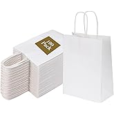 Joybe 100 Pack 5.95x3.25x8 Inch Small White Paper Bags with Handles Bulk, Kraft Paper Gift Bags for Birthday Party Favors Grocery Retail Shopping Business Goody Merchandise Craft Blank Sacks (100pcs)