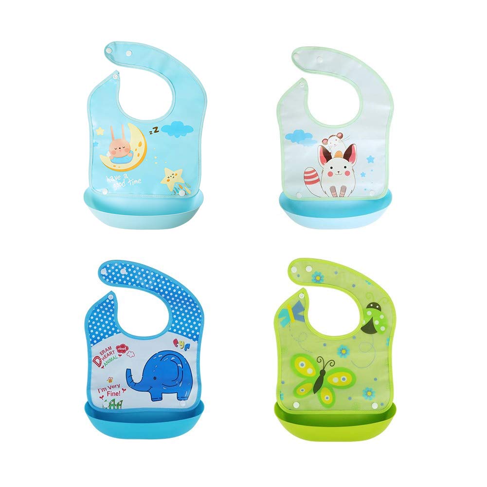 POTATO Baby Bibs with Silicone Food Catcher, Adjustable Waterproof Feeding Bibs, Stain and Odor Resistant, Easily Wipe Clean,Suitable for Baby Boy and Girl, 4-Pack