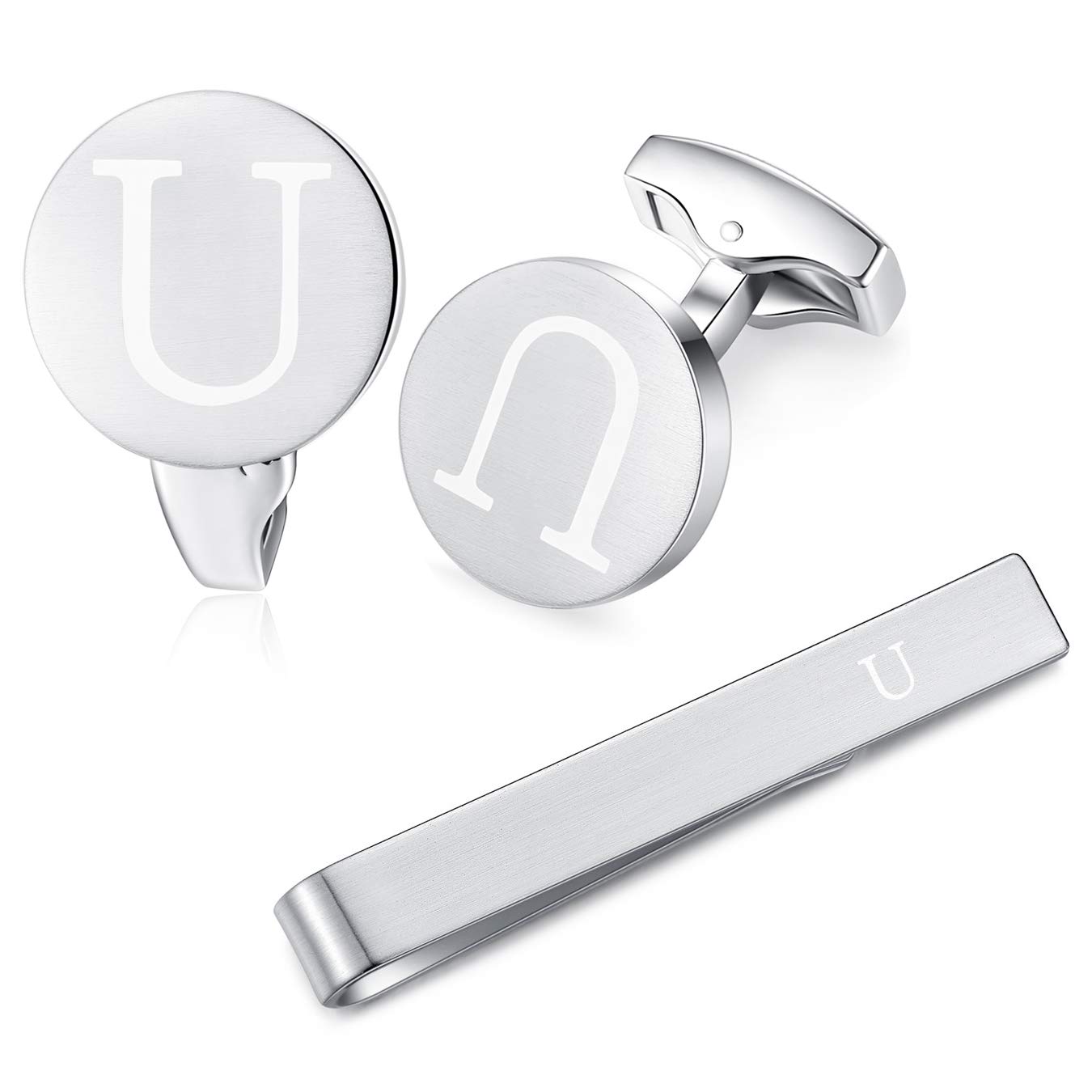 HONEY BEAR Initial Alphabet Letter Cufflinks Skinny Tie Clip Set for Mens Shirt - Round Stainless Steel, for Skinny Narrow Tie Business Wedding Gift,Brushed Silver,4cm (U)