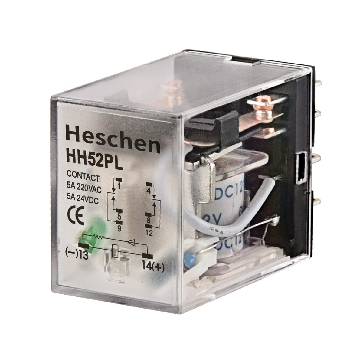 Heschen Gereral Purpose Relay, HH52P, 12VDC Coil, 5A 220VAC/24VDC, DPDT, 8 Pin Terminals