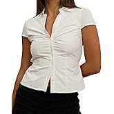 Women Y2K Button Down Shirts Short Cap Sleeve Summer V Neck Slim Fit Collared Blouses Casual Plaid Tops