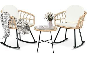 Vikiullf 3 Pieces Rocking Chairs Set - Outdoor Wicker Rattan Rocking Chairs with Thickened Cushions, Boho Patio Furniture, Patio Conversation Bistro Sets, for Balcony Garden Porch Living Room