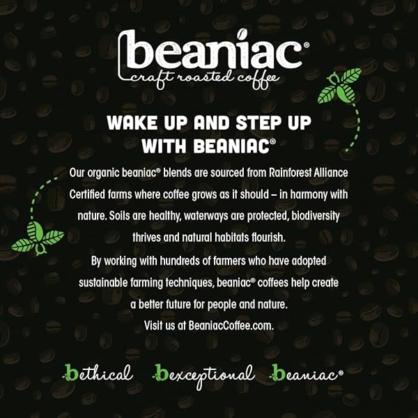 BEANIAC ORGANIC BEAN ME UP COFFEEHOUSE BLEND, MEDIUM ROAST, SINGLE SERVE COMPOSTABLE K CUP COFFEE PODS, ORGANIC ARABICA COFFEE, KEURIG BREWER COMPATIBLE, 30 COUNT