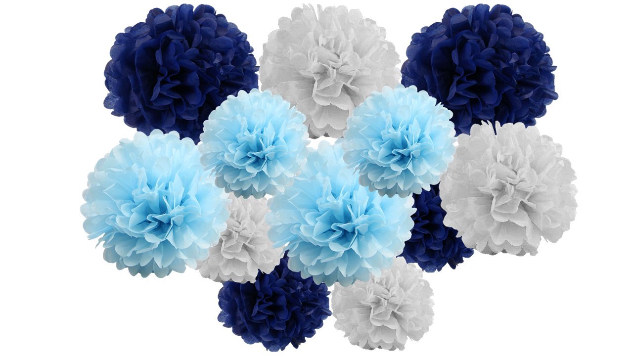 pack of 12 Pack Mixed Tissue Paper Pompom Pom Pom Hanging Garland Wedding Party Decorations (Royal Blue Shade, mix 8" & 10" (20 cm & 25 cm))