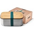 BLACK + BLUM Plastic Free Meal Prep Lunch Food Container with Bamboo Lid, Ocean Stainless Steel Sandwich Box, 1.25L/ 42 fl oz
