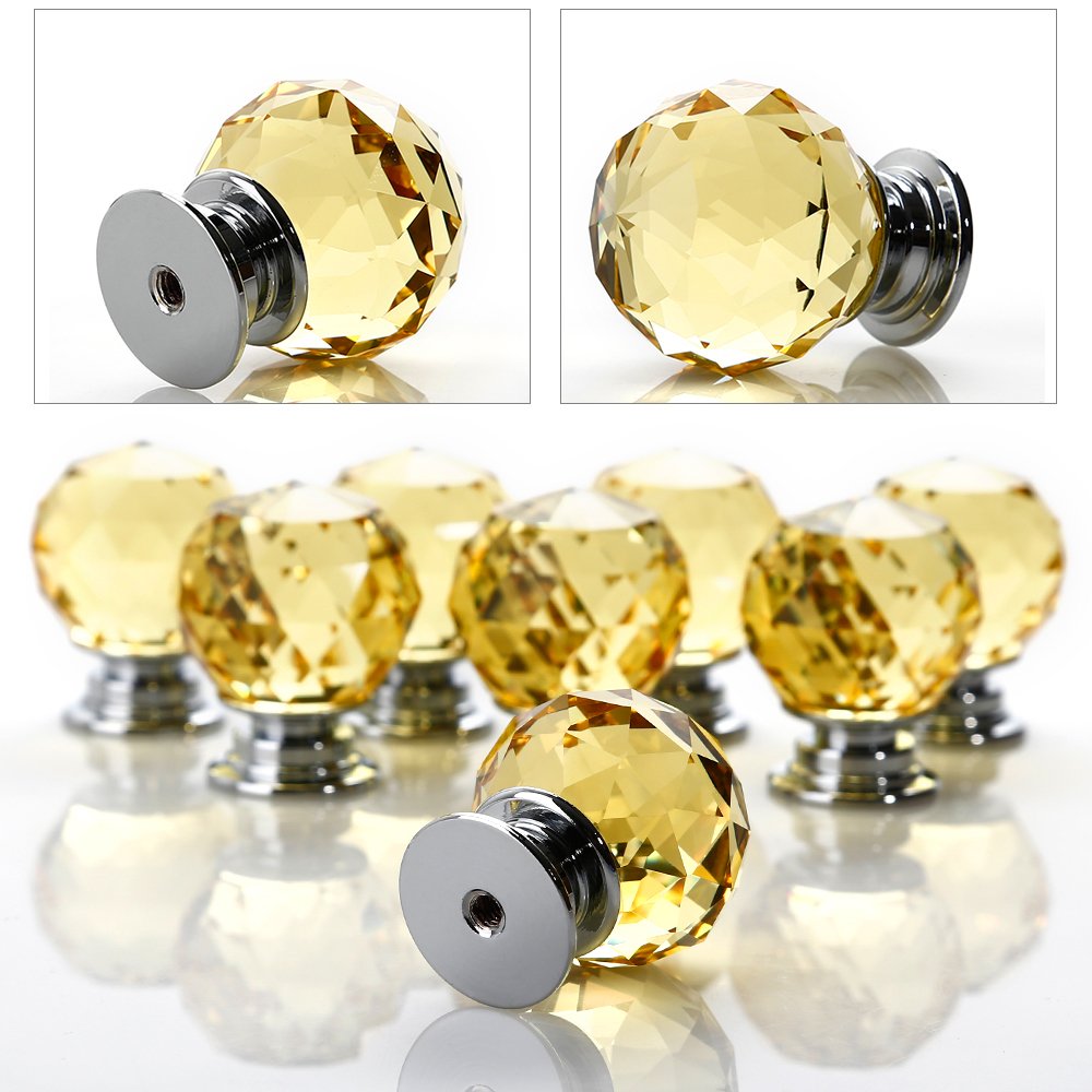 Crystal Door Knobs, 8 X 30MM Crystal Glass Diamond Cut Door Knobs Kitchen Cabinet Drawer Knobs with Screw for Home Decorating, Yellow