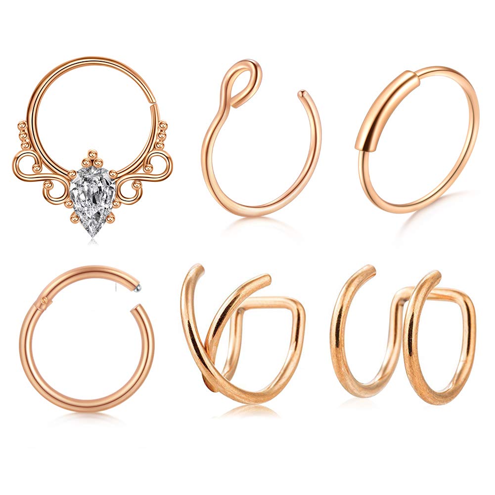 18 Gauge 6PCS Stainless Steel Cartilage Helix Earrings Hoop Clicker Nose Lip Rings Septum Ear Cuff Body Piercing Jewelry - Rose gold