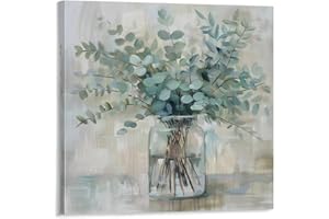 CHUKIWIS Rustic Minimalism Canvas Wall Art Eucalyptus Flower Herb Country Jar Prints Painting Home Decor for Living Room Bedroom Bathroom Office Ready to Hang 20"x20"