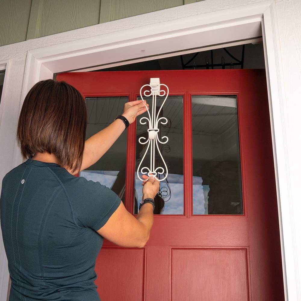 [Front Door Wreath Hanger] - Elegant Design | Adjustable Hook Length for Tall and Small Doors | Padding to Prevent Damage Like Scratch and Dents | Heavy Duty Cast Iron Metal Hangar - (White): Kitchen & Dining