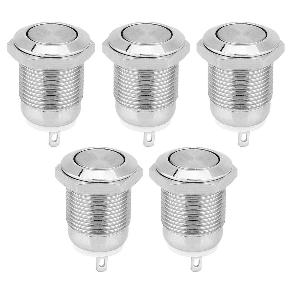 Garosa 5Pcs 12mm Metal Push Button Switch Momentary Reset Waterproof Self-Reset Button Silver Contact Normally Open 2 Pins Flat Head