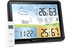 LUVUOKYE Weather Station Wireless Indoor Outdoor Thermometer, Digital Thermometer with Remote Sensor, Full Color Large Display Weather Station with Atomic Clock, Barometric Pressure, Weather Forecast-Jet Black
