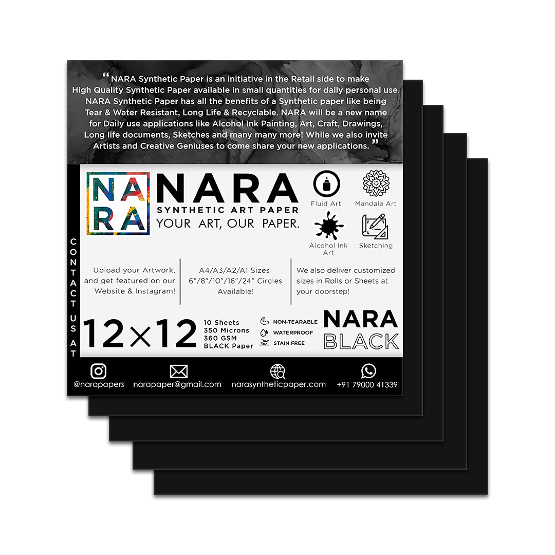 NARABLACK® Paper for Alcohol Ink Painting | 12 inches x 12 inches (12”x12”) | 350 microns/360 GSM | Medium+ Paper | 10 Sheets | 100% Stain-Free