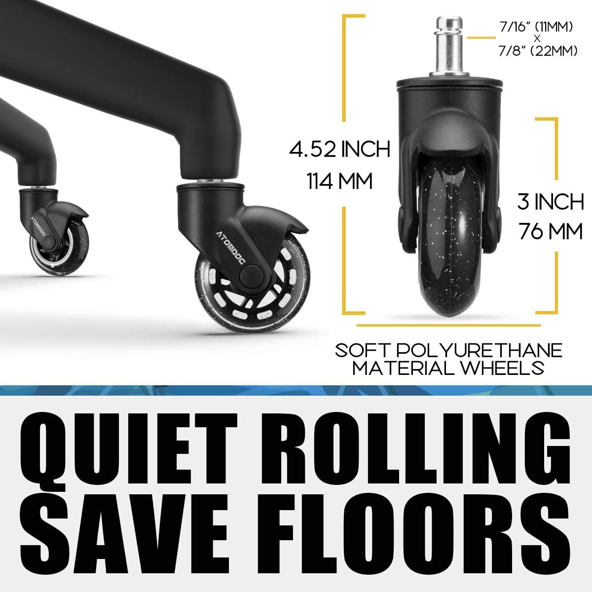 ATOMDOC Office Chair Caster Wheels, 3" Newly Lightweight Caster Wheels & Revolutionary Swivel Vertical Axle, Safe Protection for All Floors Including Hardwood, Set of 5 : Office Products