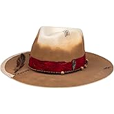 RUEDIGER Vintage Wide Brim Fedora Hats 100% Wool Stiff Felt Hat Rancher Hat with Lightning Logo Handmade Distressed/Burned