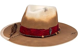 RUEDIGER Vintage Wide Brim Fedora Hats 100% Wool Stiff Felt Hat Panama Rancher Hat with Lightning Logo Handmade Distressed/Burned