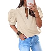 Cicy Bell Womens Puff Short Sleeve Blouses Summer Casual Dressy Contrast Stitch V Neck Tops Loose Fit Tee Shirts