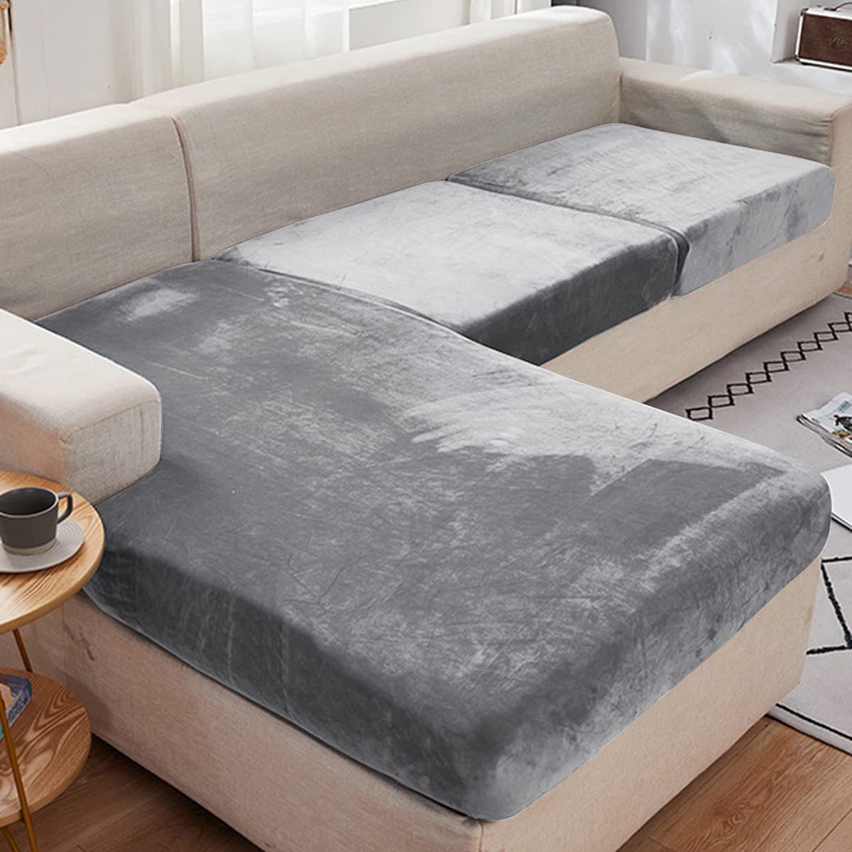 Rosnek Sofa Cushion Covers, Stretch Velvet Sofa Seat Cover for 3 Seater, Universal Non-Slip Elastic Couch Slipcovers Replacement, Stretch Home Furniture Protector with Elastic Bottom, 1PCS, Grey