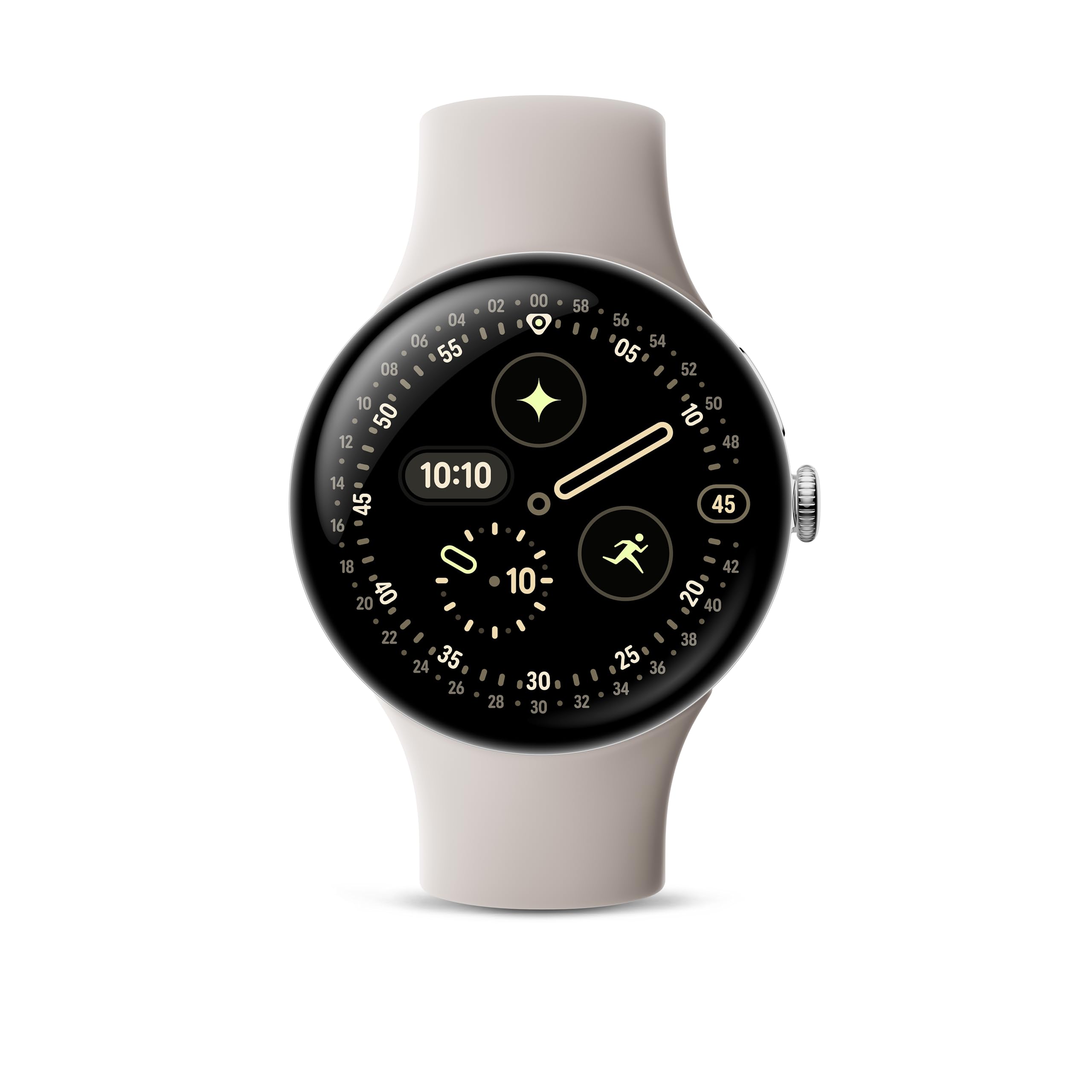 Google Pixel Watch 4 (45 mm) – Android-Smartwatch mit Gesundheits- und Fitness-Tracking und Unterstützung von Gemini – Aluminiumgehäuse in Polished Silver – Sportarmband in Porcelain – WLAN 3