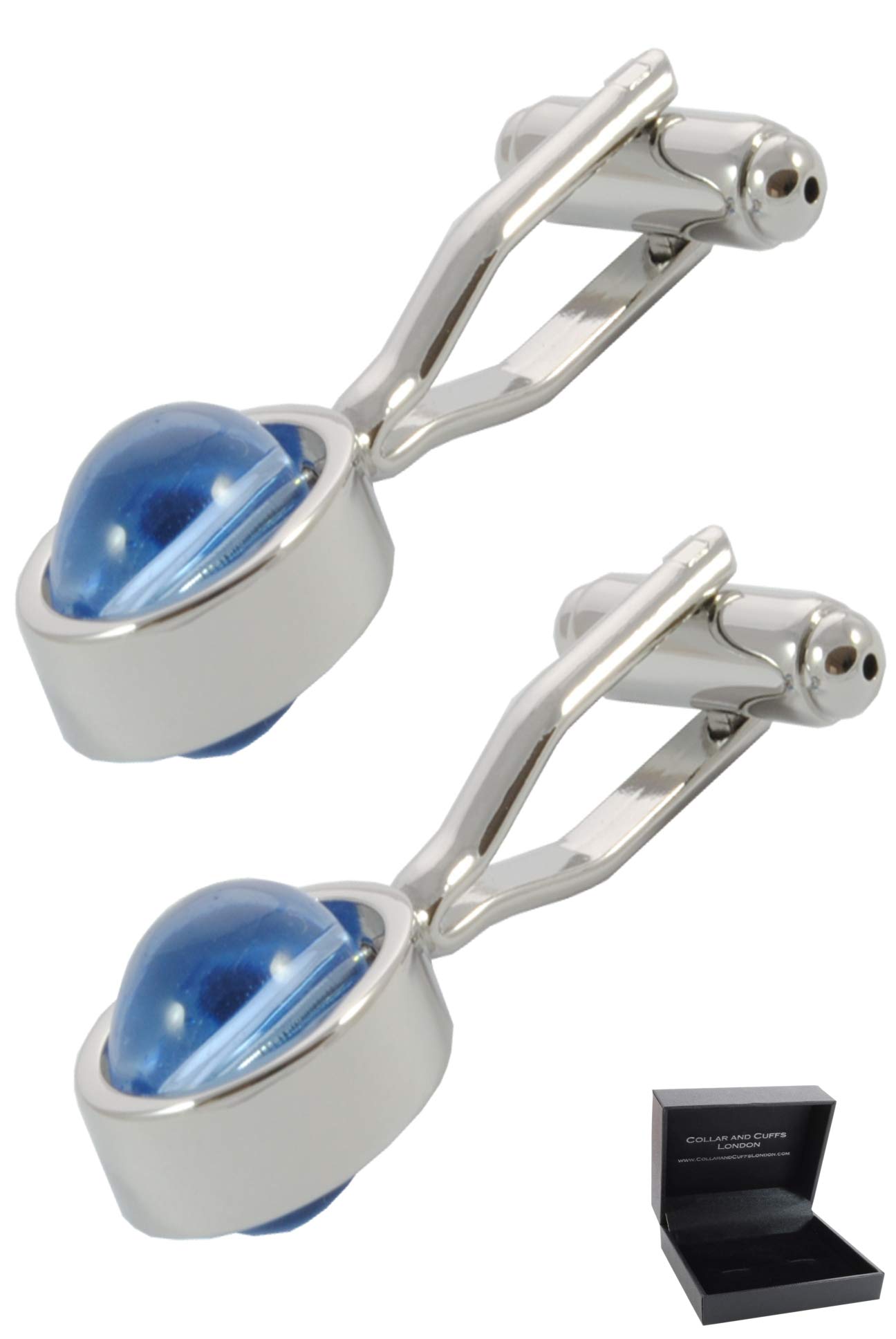 Cufflinks for Men + Presentation Box - Blue - Spinning Marble - Moving - Glass - Silver and Light Blue Colours - One Pair