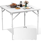 TRINEAR 34" Square Folding Table, Plastic Card Table with Carrying Handle, Fold-in-Half Utility Portable Dining Tables Indoor Outdoor for Kitchen, Party, Picnic, Camping, Office, Wedding, White