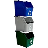3 Stackable Recycling Bin System 18 Gallon Total | Small 6 Gallons Each Bin | Compact Recycle Bins with Folidng Handles for Kitchen, Office, Garage &ndash; Recycling Trash Can Set | (3 PACK, BLUE/GRAY/GREEN)