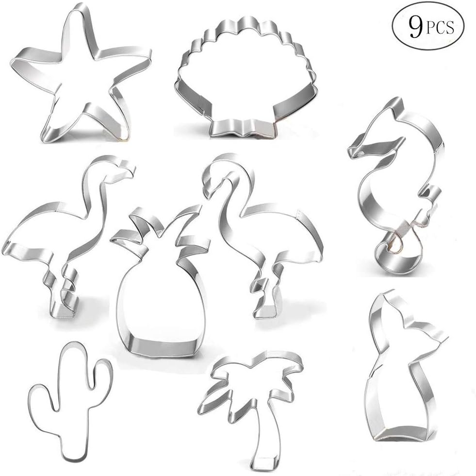 Cookie Cutter Set-9 Piece-Mermaid,Starfish,Seashell,Seahorse,Cactus,Pineapple,Flamingo,Palm Tree,Stainless Steel Cookies Molds for Summer Tropical Beach Party Supplies Decoration Handmade Cookie (1)