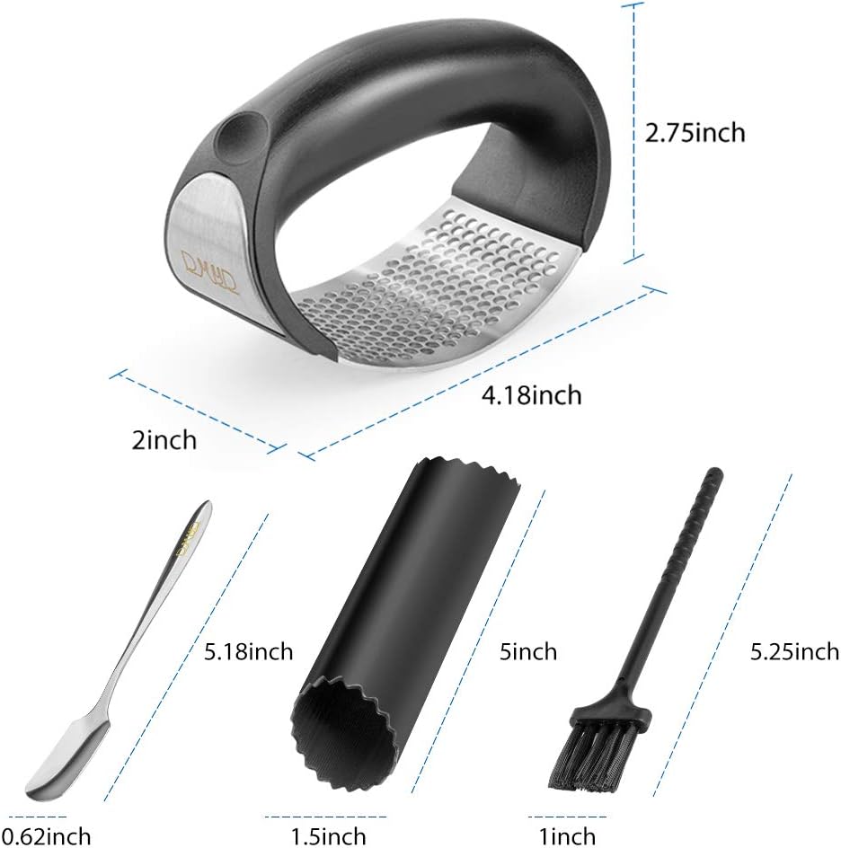DXYD Garlic Press Rocker, New Kitchen Stainless Steel Garlic Mincer Crusher, Matching Stainless Steel Dessert Spoon and Silicone Roller Peeler and Cleaning Brush: Kitchen & Dining