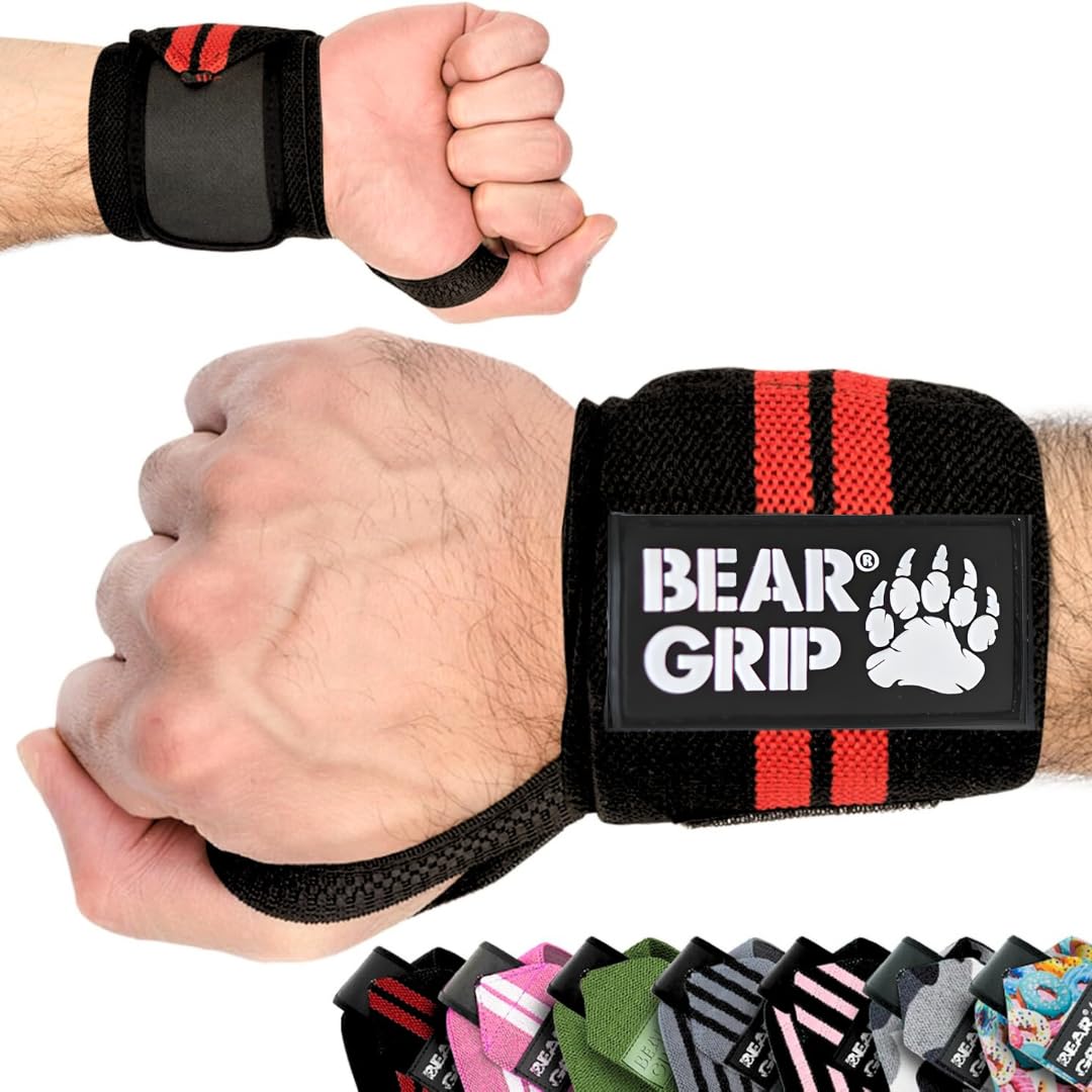 BEAR GRIP - Weight lifting wrist support wraps (Sold in pairs) (BEAR-GRIP-BLACK-RED-WRAPS)