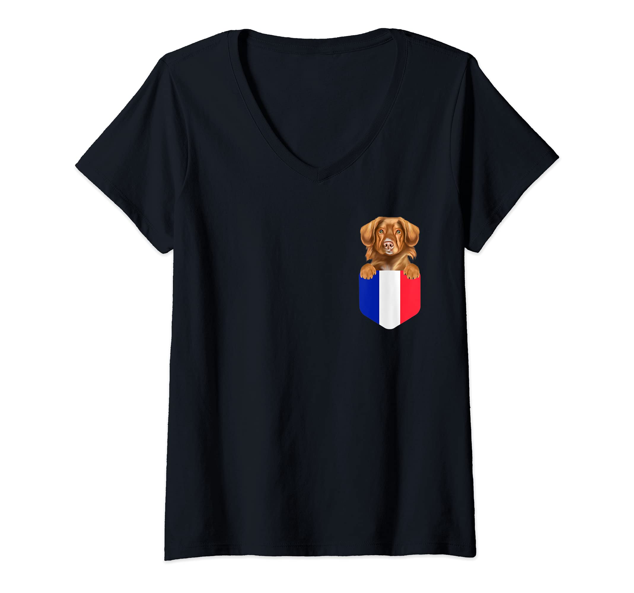Womens France Flag Duck Tolling Retrievers Dog In Pocket V-Neck T-Shirt