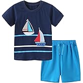 YANGLYN Boys Shorts Set Summer Outfits for Kids Short Sleeve Tshirts Toddler Cartoon Cotton Clothing Set 3-7T