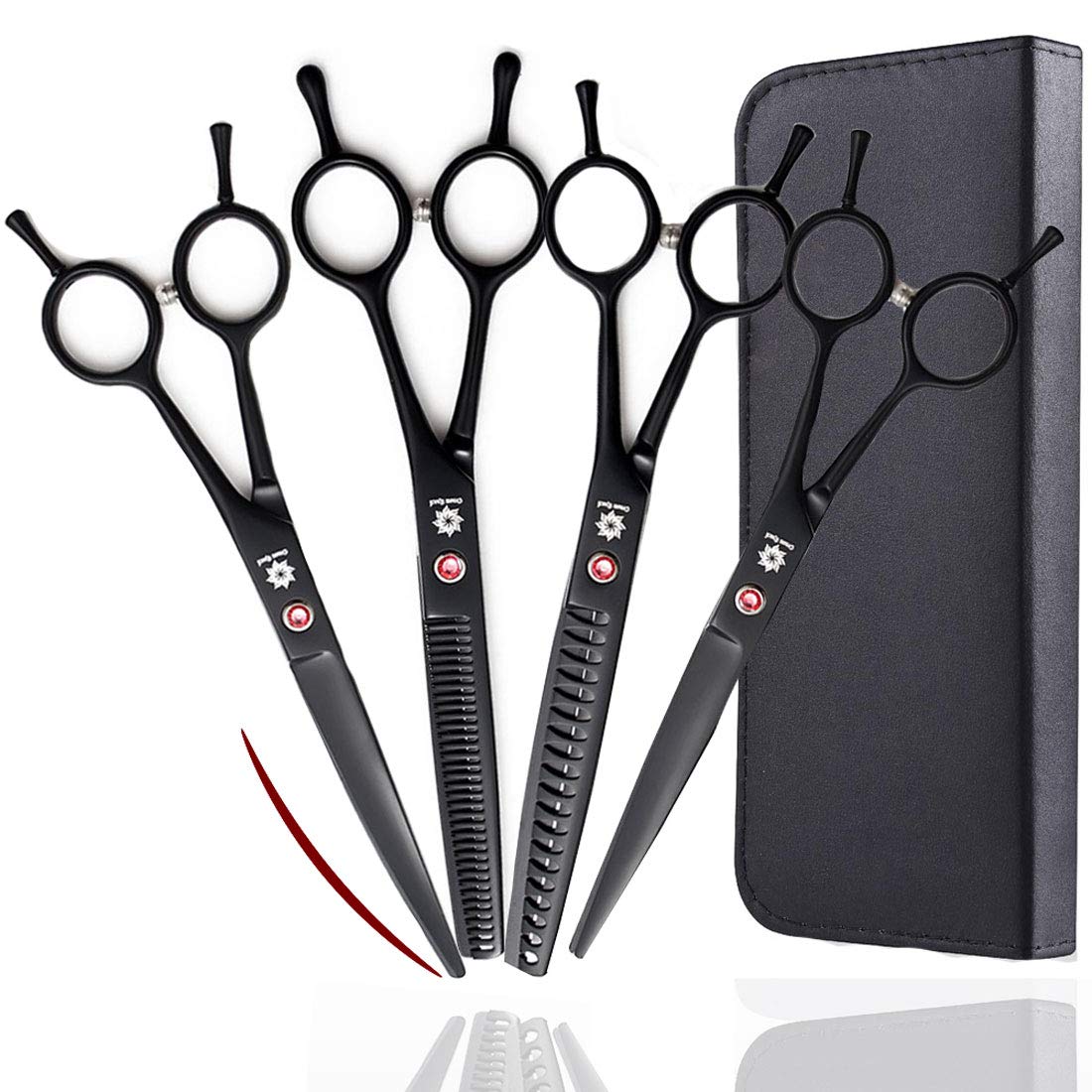 Dream Reach Professional 7.0'' Dog & Cat Grooming Scissors Kit - Curved, Thinning, Chunker & Straight Scissors - 4pcs Set - Black, Stainless Steel