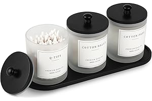eggs sound 3 Pack Qtip Holder - Bathroom Organizers and Storage, Cotton Round Swab Holder Dispenser Cotton Ball Holder with Tray, Glass Apothecary Jars with Lids, Floss Pick Containers - ms black