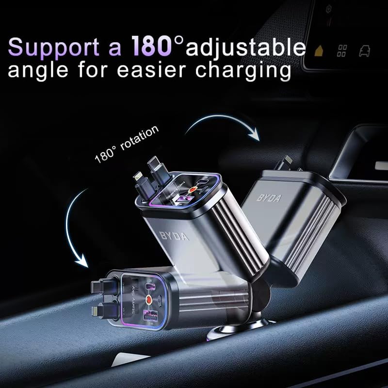 4 in 1 Retractable Car Charger for iPhone,69W USB-C Fast Car Charger with Starry Light, for Car Charger Adapter iPhone16/15/14/13/12,Android,Pixel,Cigarette Lighter Adapter(ForLightning+USB-C)