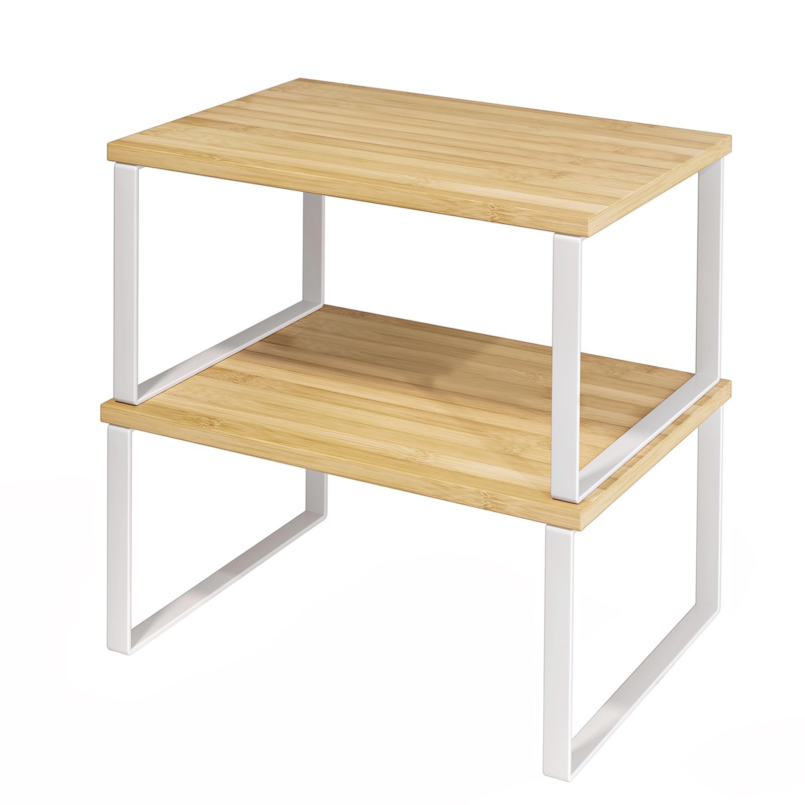 Photo 1 of SUYU Kitchen Cabinet Organizer Shelf,Bamboo Spice Rack Set of 2,Space-Saving Countertop Organizer for Kitchen, Office, or Closet, Stackable and Nesting Shelves,White and Natural SCW201B