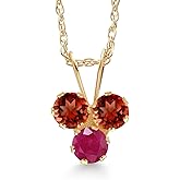 Gem Stone King 14K Yellow Gold Red Garnet and Red Ruby 3-Stone Pendant Necklace For Women (0.46 Cttw, Gemstone January Birthstone, Round 3MM, 18 Inch Chain)