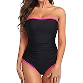 Smismivo Strapless Tummy Control Swimsuits for Women Bandeau Tube Top Color Block One Piece Bathing Suit Slimming Swimwear