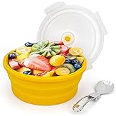 Lunbengo 1200ml Large Collapsible Bowl With Lid, Camping Bowl with Foldable Spoon, Silicone Bento Box For Meal Prep & Food Storage, Microwave Safe, Orange
