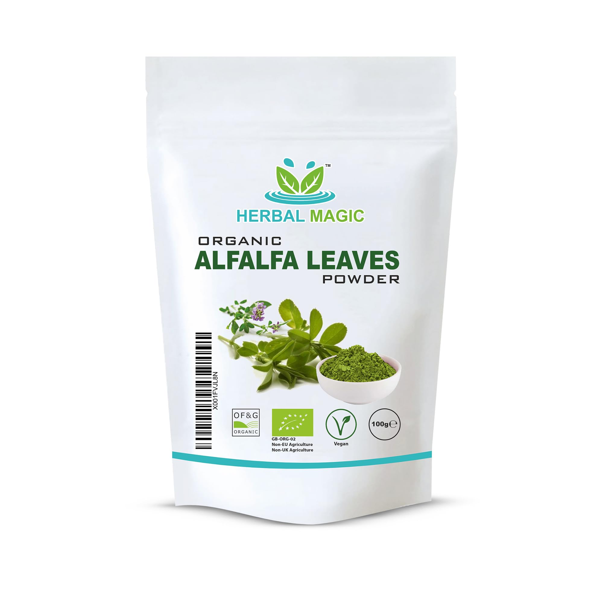 Herbal Magic's Organic Alfalfa Leaf Powder - Green Superfood for Smoothies, Soups, Baking - Free from Fillers & preservatives - 100g - of&G UK Organic Certified