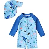 WYTbaby Baby Boy Rash Guard Swimsuit Set with Sun Hat, Long Sleeve One Piece Zipper Sunsuit for Infant Toddler 0-3T