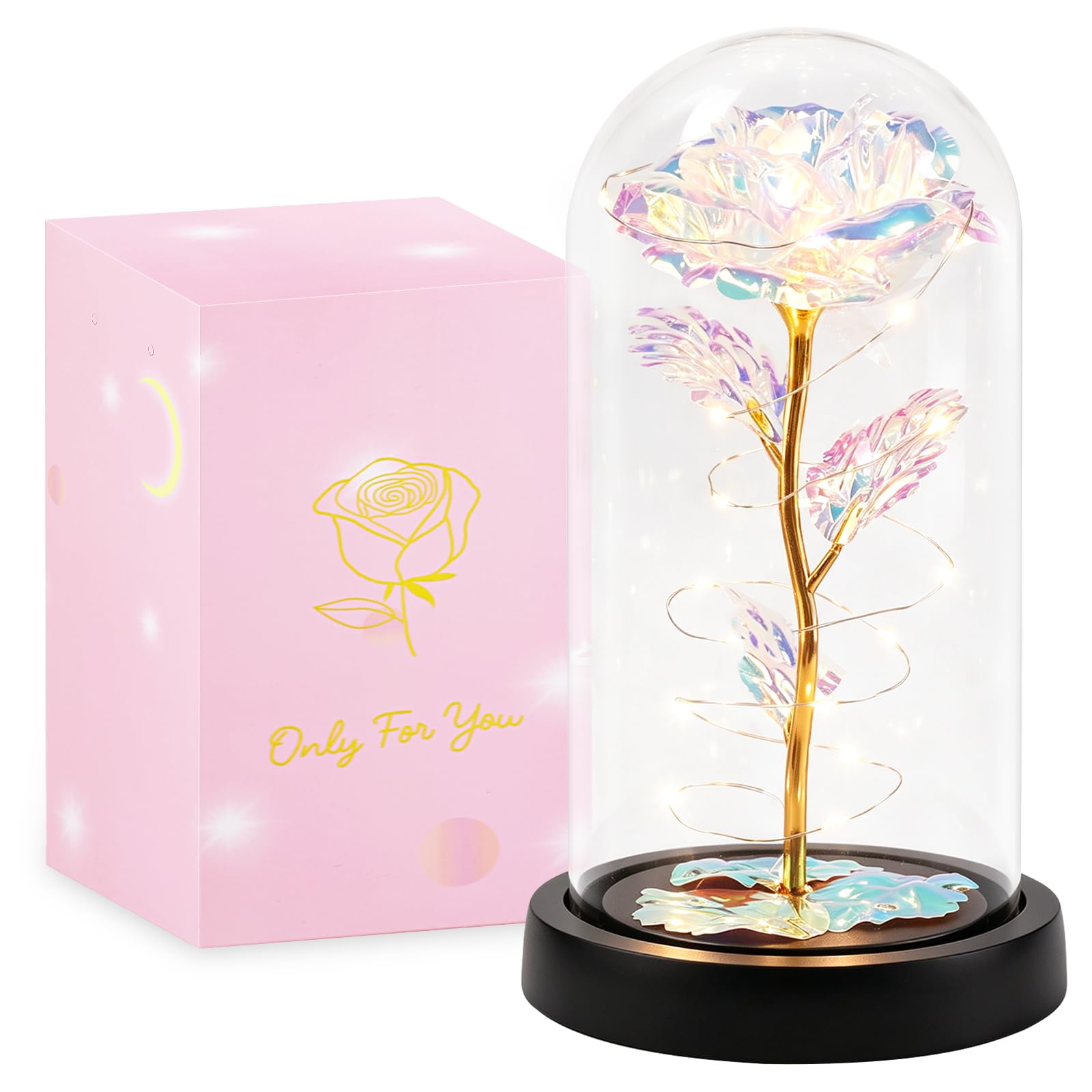 Morofme Galaxy Infinity Rose mit LED Licht, Ewige Rose Acrylhaube Stoßfest, Die Schöne und die Biest Rose, Künstliche Rosen für Frau Geschenke, Geburtstag, Jubiläum,Wohnen Schlafzimmer Büro Dekor