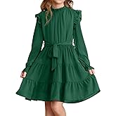 blibean Girls Long Sleeve Fall Dresses Tween Casual Ruffled Swing Formal Dressses Belt Size 4-15 Years