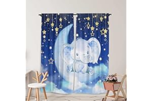 Yilinata Watercolor Elephant Window Curtains for Kids Boys Girls Blue Twinkle Star Baby Living Room Bedroom Nursery Toddler Home Rod Pocket Drapes Party Decor Durable Fabric 84 in x 84 in