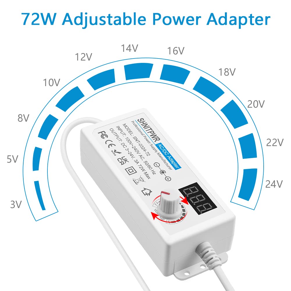 SHNITPWR AC Adapter 3V ~ 24V 3A 72W Universal Power Supply 100V-240V AC to DC 3V 5V 6V 9V 12V 15V 16V 18V 19V 20V 24V Adjustable Power Adapter with 14 Tips 5.5x2.5mm 4.0x1.7mm 3.5x1.35mm, White