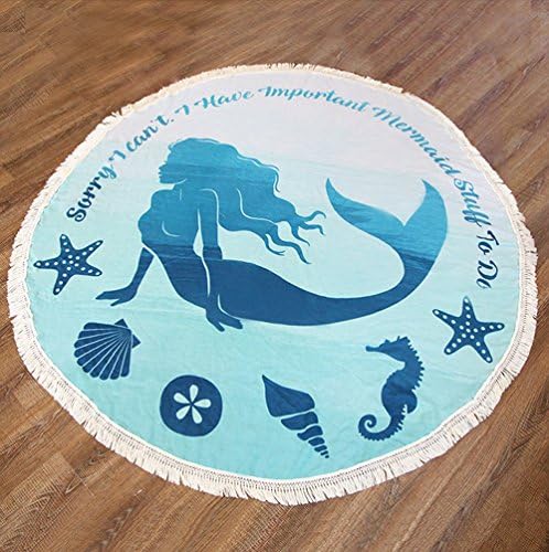 ITITI Blue mermaid girl Microfiber Large Round Beach Blanket with Tassels Ultra Soft Super Water Absorbent Multi-Purpose Towel