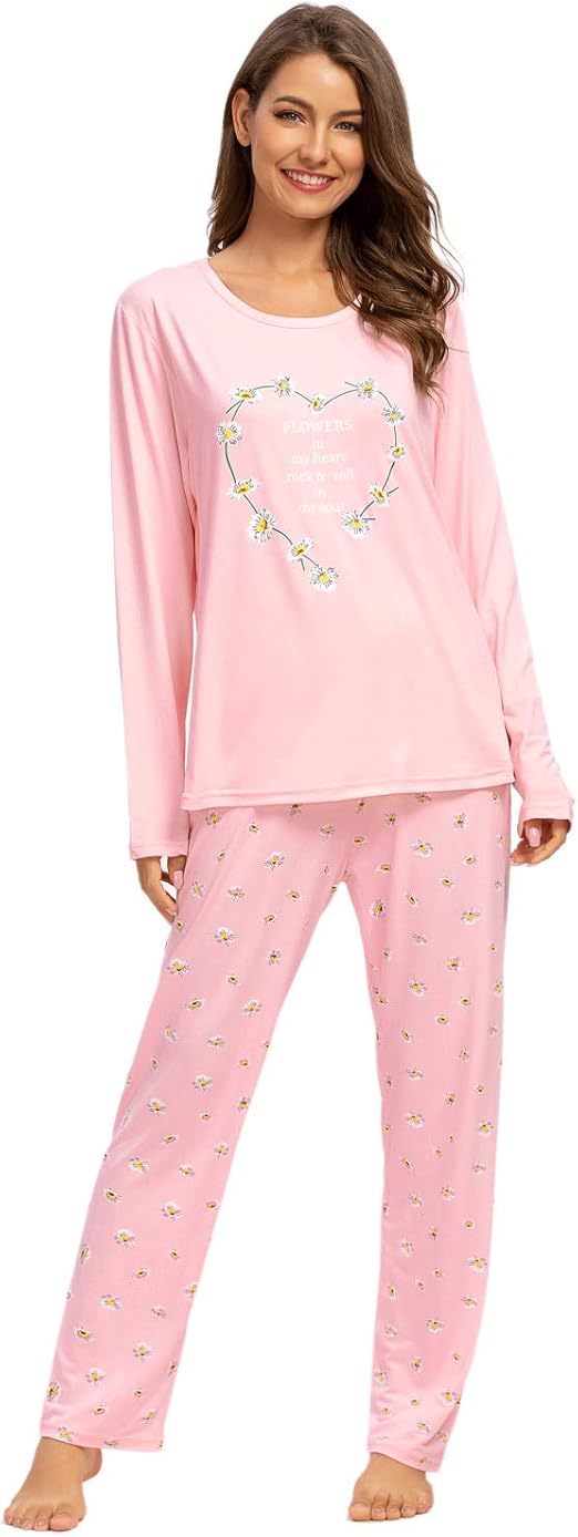 Womens Pajamas Set 2Piece Tops&Pants Pajama Long Sleeve Pjs Soft Crew
