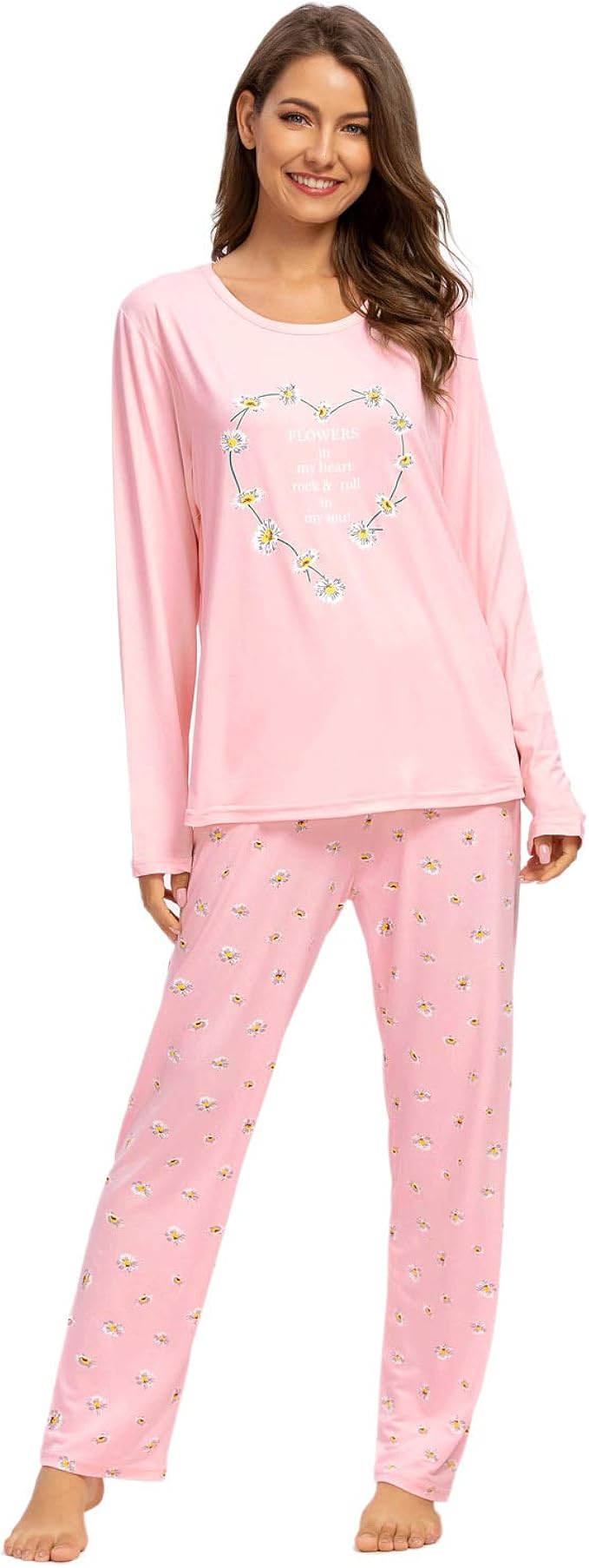 Womens Pajamas Set 2Piece Tops&Pants Pajama Long Sleeve Pjs Soft Crew